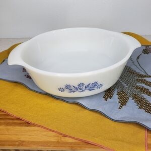 Vintage Milkglass Round Casserole Blue Flowers Farmhouse Cottagecore Grannycore